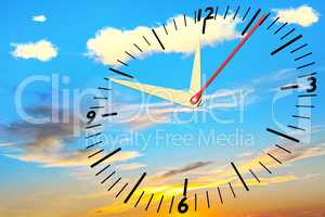 Clock with calendar at sunset in the sky, 3D illustration