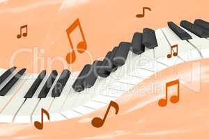 Levitating piano keyboard with notes, 3D illustration