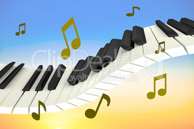 Levitating piano keyboard with notes, 3D illustration