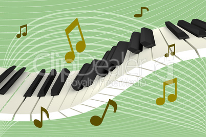 Levitating piano keyboard with notes, 3D illustration