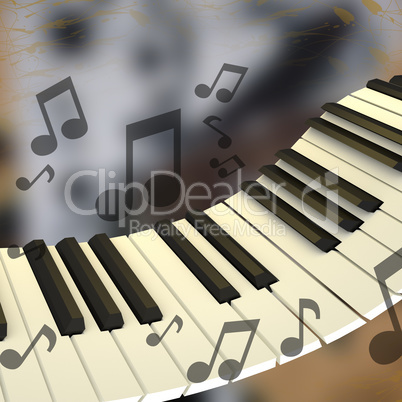 Levitating piano keyboard with notes, 3D illustration