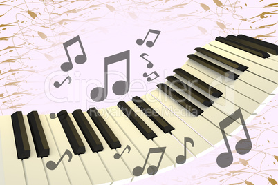 Levitating piano keyboard with notes, 3D illustration