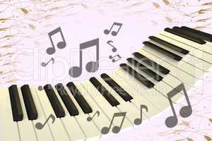 Levitating piano keyboard with notes, 3D illustration
