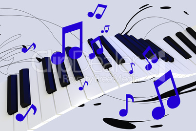 Levitating piano keyboard with notes, 3D illustration