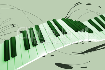 Levitating piano keyboard with notes, 3D illustration