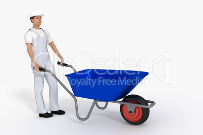 Construction worker with wheelbarrow, 3d illustration