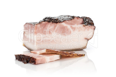 Fresh smoked english bacon isolated on white
