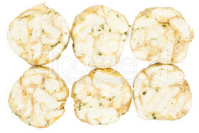 Fresh boiled Carlsbad bread dumpling isolated on white