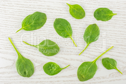 Fresh raw green spinach on grey wood