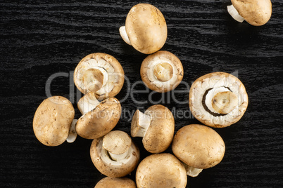 Fresh raw brown champignons on black wood