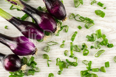 Fresh Raw green spring onion on grey wood