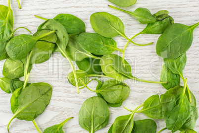 Fresh raw green spinach on grey wood