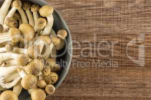 Fresh raw brown shimeji mushroom on brown wood