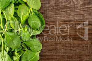 Fresh raw green spinach on brown wood