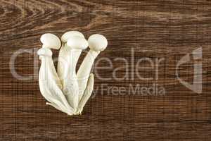 Fresh raw white shimeji mushroom on brown wood