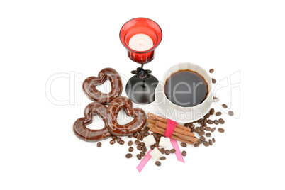 Cup with coffee, beans coffee biscuits in the form of hearts and