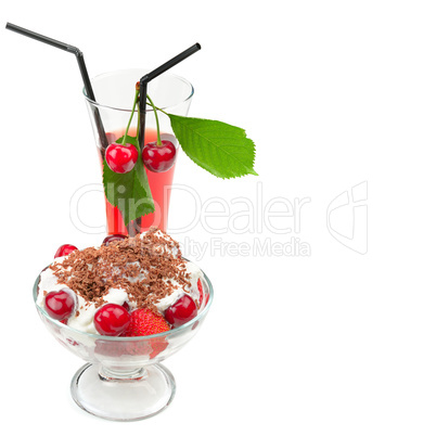 Ripe cherries, fruit yoghurt and juice isolated on white backgro
