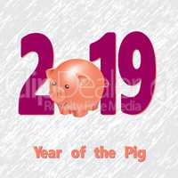 2019 Happy New Year greeting card. Celebration white background with pig and place for your text. Vector Illustration