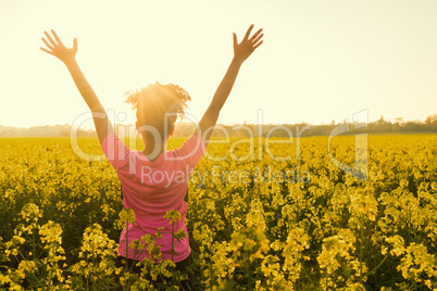 Female Woman Athlete Runner Celebrating In Yellow Flowers