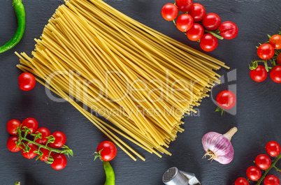 Uncooked pasta spaghetti , top view