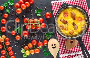 black round frying pan with fried omelette