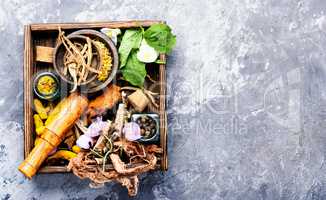 Healing herbs in wooden box