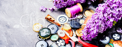 various sewing button and lilac branch