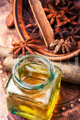 Essential cinnamon oil in bottle