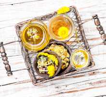 Healthy dandelion honey and tea