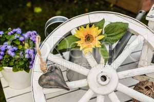 Gartendekoration altes Wagenrad aus Holz und Sonnenblume