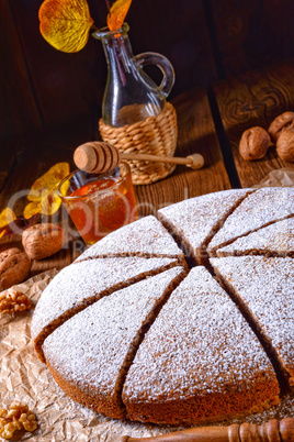 Fresh and tasty autumnal walnut cake with honey