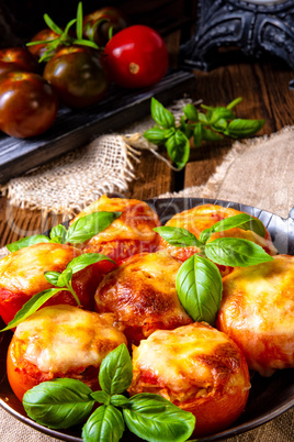 Tomatoes stuffed with rice and cheese from the oven