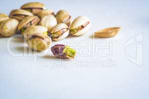 Close Up Group Of Dry, Fresh And Large Raw Pistachio Nuts In Shell
