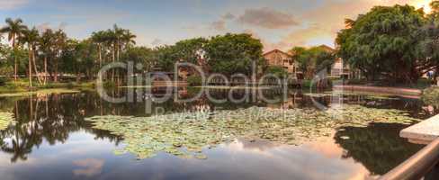 Overlooking a pond at sunset at the Garden of Hope and Courage