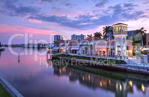 Pink Sunset over the colorful shops