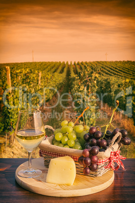 Glass of white wine in front of a vineyard at sunset