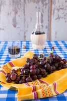 Bunch of red grapes and a glass of red wine with a wine flask