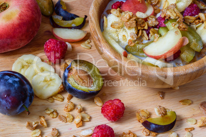 Muesli with berries, fruits and milk - healthy breakfast.