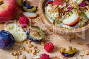 Muesli with berries, fruits and milk - healthy breakfast.