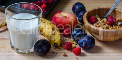 Breakfast bowl with muesli, berries, fruits and milk