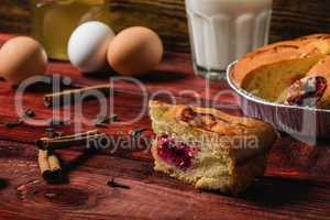 Piece of cherry cake on redwood table