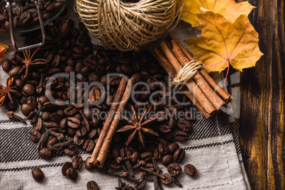 Autumn spices with coffee beans on the table