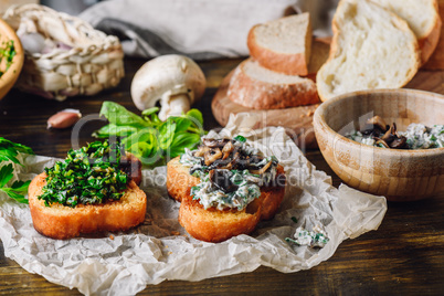 Two Bruschettas with Fresh Greens and Agaricus