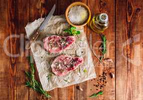 Two Rib Eye Steak Prepared with Spices for Cooking