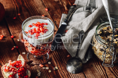 Prepared Dessert with Ingredients on Wooden Table.