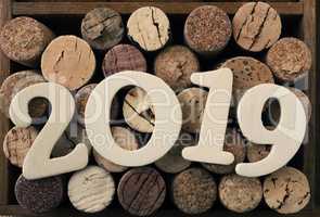 Wooden 2019 on bottle cork