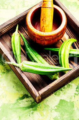 Raw green okra vegetables