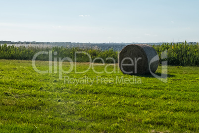 Lonely hay roll on a green filed with a lake on the background.