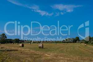 Landscape background of hay bales in a field with blue sky.