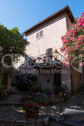 House surrounded by flowers in a medieval town.